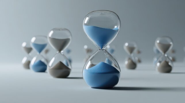 Collection of identical gray hourglasses with blue sand on minimalistic background
