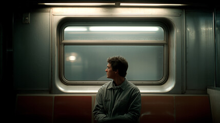 This person sits alone in a dim subway car, lost in thought in the gray surroundings.