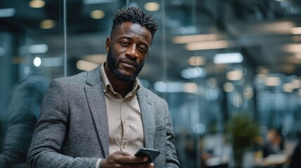 Confident african american professional holds smartphone in modern open plan office setting during daytime
