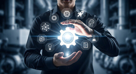 Professional holding gear icon with technology symbols, innovation concept for business growth