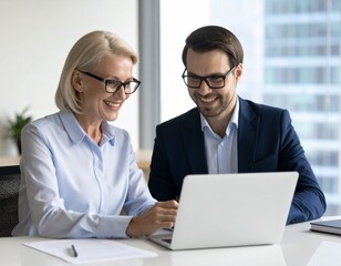 Obraz premium Smiling colleagues or company workers, two happy professional business people team talking at meeting using laptop computer discussing online ai project together working in office at workplace.