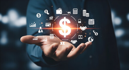 Hand presenting finance and investment icons, showcasing wealth, success, and financial growth with ease