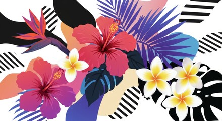 Vibrant tropical floral design featuring hibiscus and plumeria for summer decor and patterns