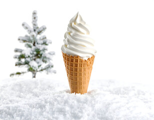 Sweet soft serve ice cream cone captured in a serene snowy setting with a blurred tree.