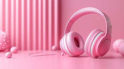 Pink Headphones Showcase: Modern audio equipment shines on vibrant pink backdrop, suitable for marketing materials, website elements, and lifestyle promotions.