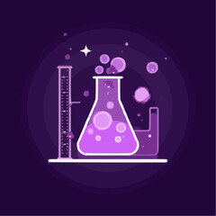 Colorful laboratory equipment with purple liquid and bubbles  