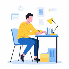 Young man studying while sitting at desk with lamp and papers  