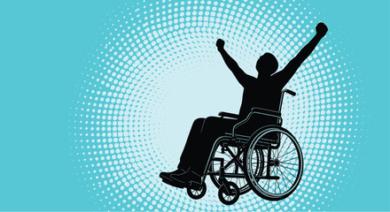 Silhouette of happy man in wheelchair, celebrating success, disability empowerment, freedom, pop art background design