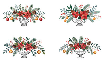 Obraz premium Christmas floral arrangement with poinsettia and ornaments festive illustration for holiday decoration and winter celebration 
