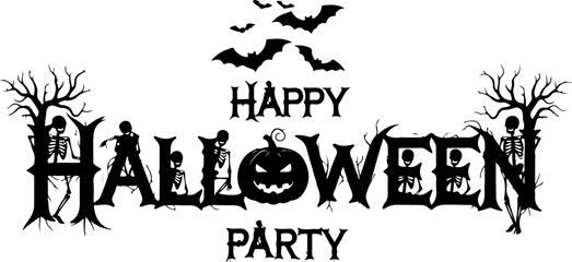 Vector art of happy halloween party text with spooky elements like bats