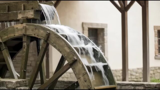 A wooden water wheel spins gracefully, accompanied by the gentle flow of water 
