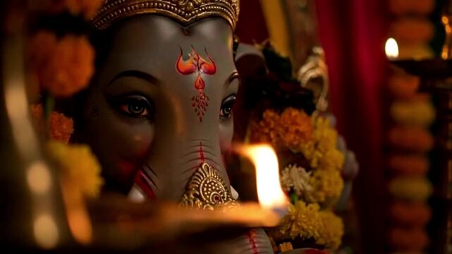 Close Up of Ganesha Statue with Lit Diya and Floral Garlands