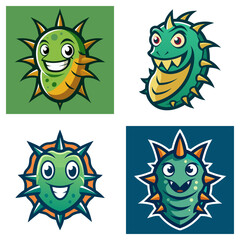 Fototapeta premium Collection of cartoonish spiky green creatures with various expressions and backgrounds shown together