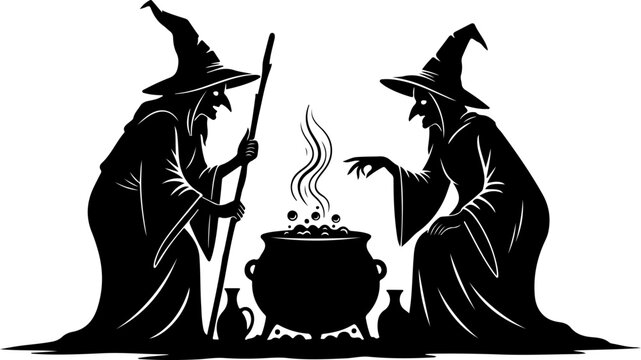 black witches brewing potion, halloween scene clip art preview