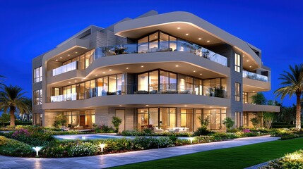 Obraz premium Luxury Beachfront Property at Night Modern Stone Architecture with Pool and Landscaping