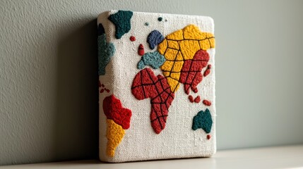 Obraz premium Handcrafted Yarn World Map Featuring Vibrant Continents Against a Neutral Backdrop