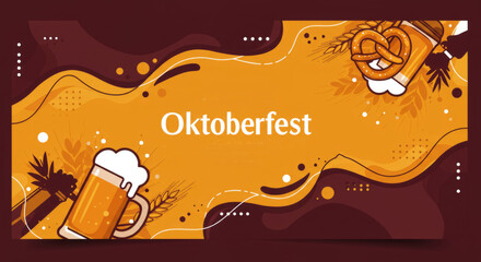 Oktoberfest celebration banner with beer and pretzels design
