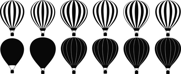 Hot air balloon silhouette set, flight transport icon collection, sky travel balloon bundle, cad drawing flat vector illustration pack
