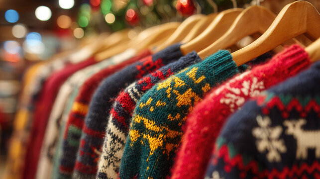 Colorful ugly christmas sweaters hanging on wooden hangers in festive retail display perfect for christmas jumper day celebration and holiday shopping
