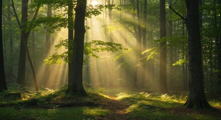 Naklejka premium Sunbeams pierce through tall trees, illuminating a forest path. A vibrant display of light filters through the leaves, creating a magical ambiance