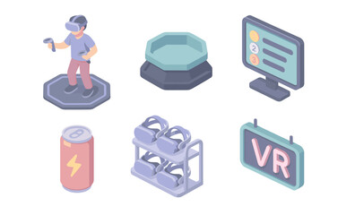 Isometric virtual reality setup with headsets and vr devices