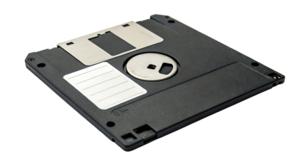 Black floppy disk with metal shutter and label isolated on a transparent background