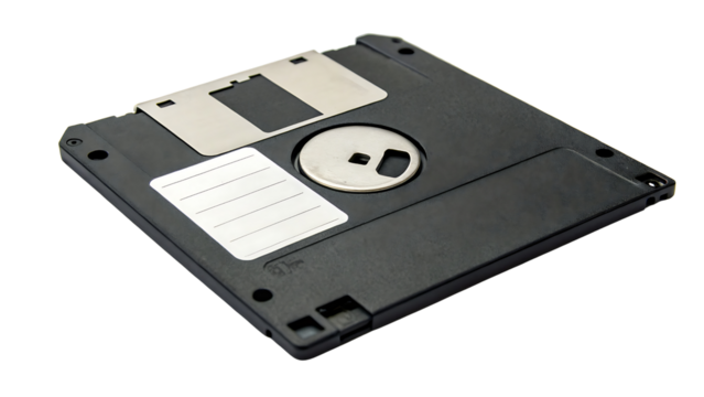 Black floppy disk with metal shutter and label isolated on a transparent background