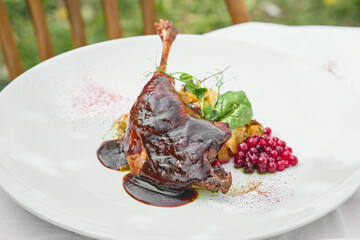 Duck leg confit with berry sauce and vegetable garnish, bright natural lighting, overhead composition