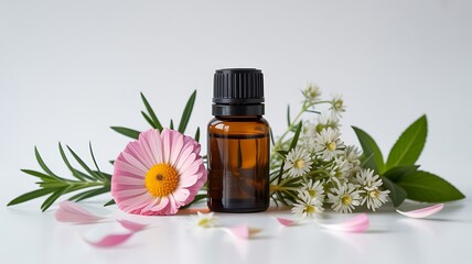 Photo of an amber glass essential oil bottle with a black dropper cap is surrounded by delicate pink and white flowers and green leaves