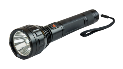 Black Tactical Flashlight With Orange Button isolated on a transparent background