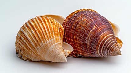 Obraz premium Macro Shot of Two Seashells with Orange and Brown Stripes on White Background