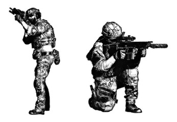 Spray paint stencils of soldiers pointing guns isolated on transparent background