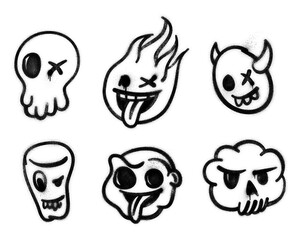 Set of spray paint graffiti monster doodles isolated on transparent background
