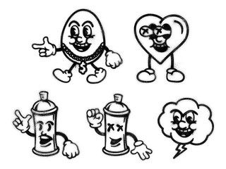 Set of spray paint old school cartoon graffiti doodles isolated on transparent background