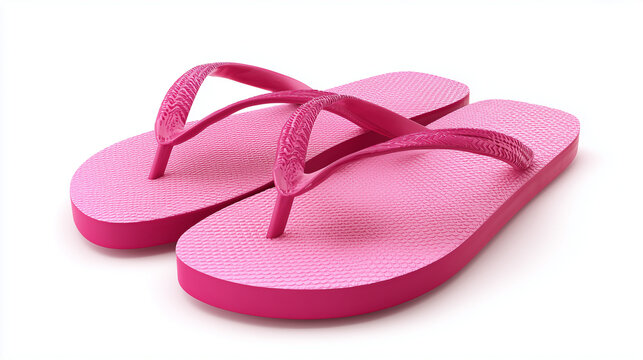 Stylish pair of pink flip flops displayed on white backdrop, ideal for vacation, swimwear, or casual footwear promotions.

