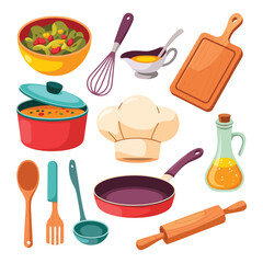 Colorful Kitchen Utensils Illustration Featuring Cookware Tools and Accessories for Culinary Arts and Food Preparation