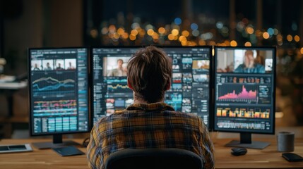 Man working from home with three monitors displays data, city view, and virtual meeting participants