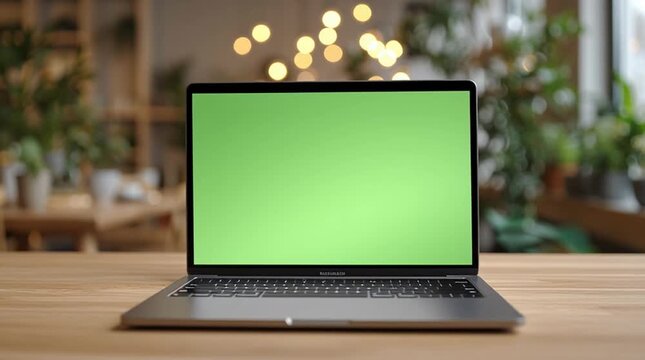 Laptop on the table, Modern laptop with blank frameless screen  - white table with mouse and notepad. Home interior or office background, 4k 30fps UHD