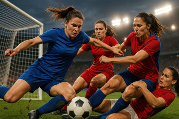 Photorealistic group of female soccer players competing near goal with flying turf and tension. Concept of summer sport, teamwork, competition, emotion, and elite women's football performance.