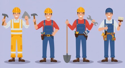 Four smiling workers, each with a tool or tools, wearing work attire and hard hats of varying colors, standing against a light purple background