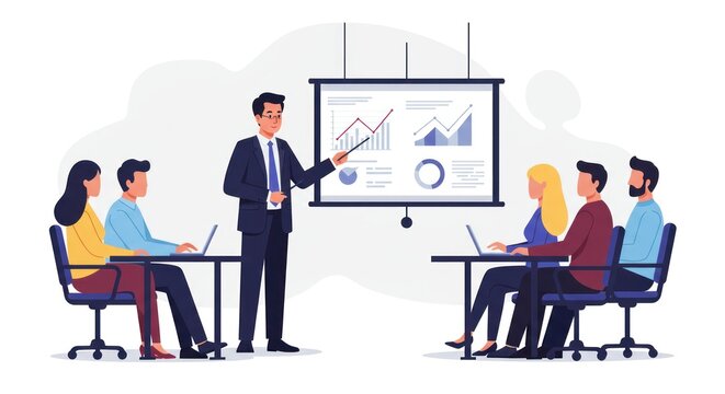 A business presentation features a suited man pointing to a screen with charts while colleagues watch & use laptops. The background is simple