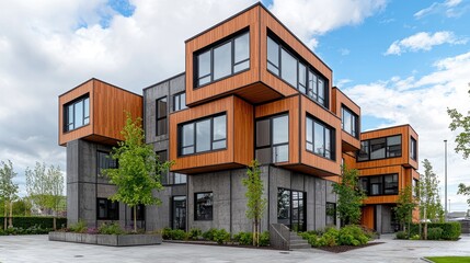 Obraz premium Modern Architectural Marvel with Wood and Gray Textures Under a Bright Sky