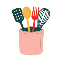 Colorful Kitchen Utensils in a Pink Container Illustration for Cooking and Food Preparation Designs in a Modern and Playful Style