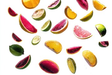 Colorful Fruit Slices Floating on White Background
