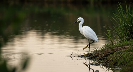 Fototapeta premium White heron wading in calm water with grasses, and lush greenery in the background