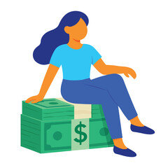 Vector of a woman sitting on a pile of money
