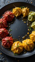 Gradient dumplings in red, saffron and green with truffle butter and microgreens on black plate Generative AI