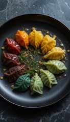 Gradient dumplings in red, saffron and green with truffle butter and microgreens on black plate Generative AI