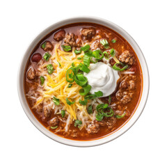 Delicious chili topped with cheese, sour cream, and green onions in bowl. This hearty dish is perfect for cozy meal, offering rich blend of flavors and textures