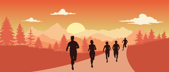 Group of Runners Jogging on Trail at Sunset in Mountain Landscape © Chai